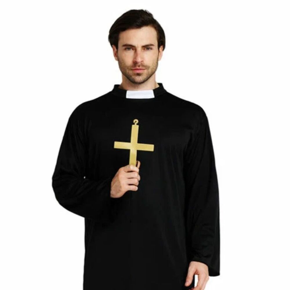 Karnival Clergyman Pastor Priest Costume w Cross Halloween Purim Fancy Dress L